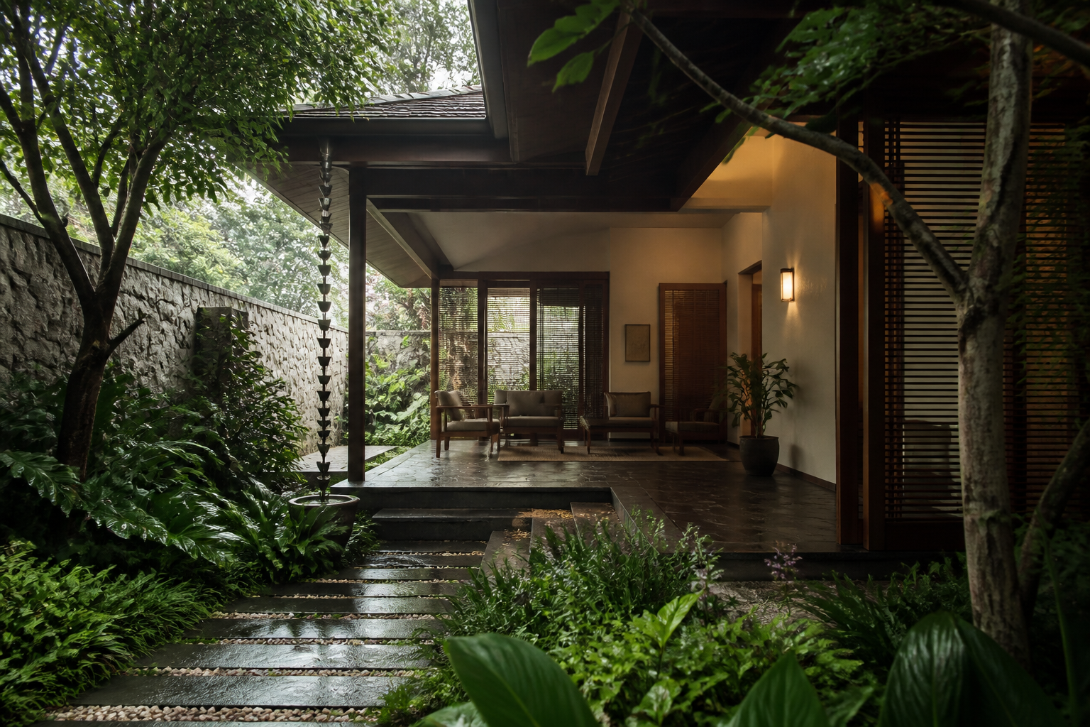 Conceptual shaded villa courtyard opening to a private planted garden