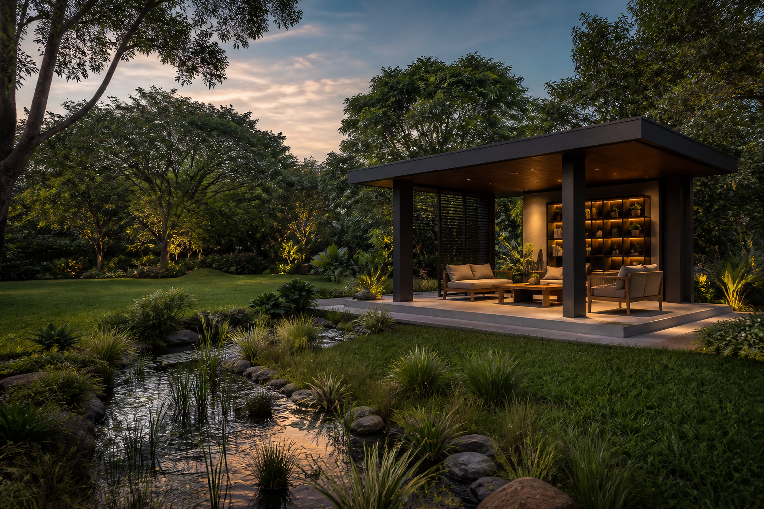 Conceptual open garden pavilion beside a planted rain garden