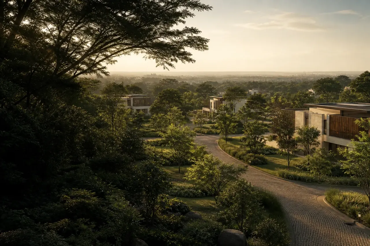 Conceptual green low-density residential landscape with contemporary independent villas Conceptual green low-density residential landscape with contemporary independent villas
