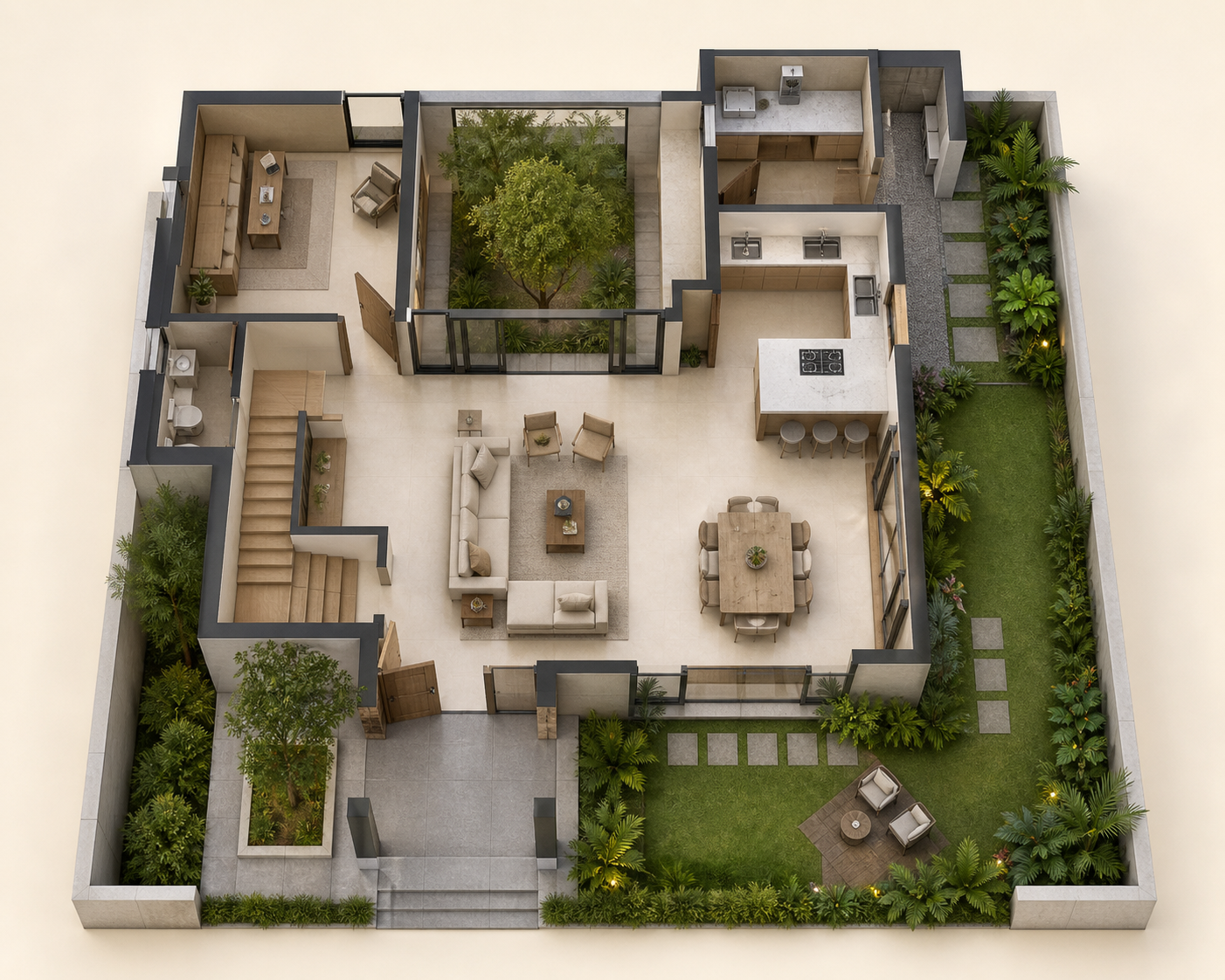 Generic top-down three-dimensional independent-villa planning concept with a courtyard and garden