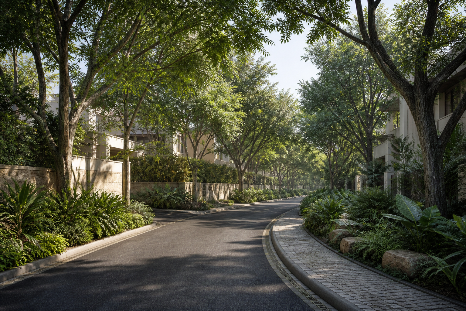 Conceptual tree-lined internal street with discreet villa edges