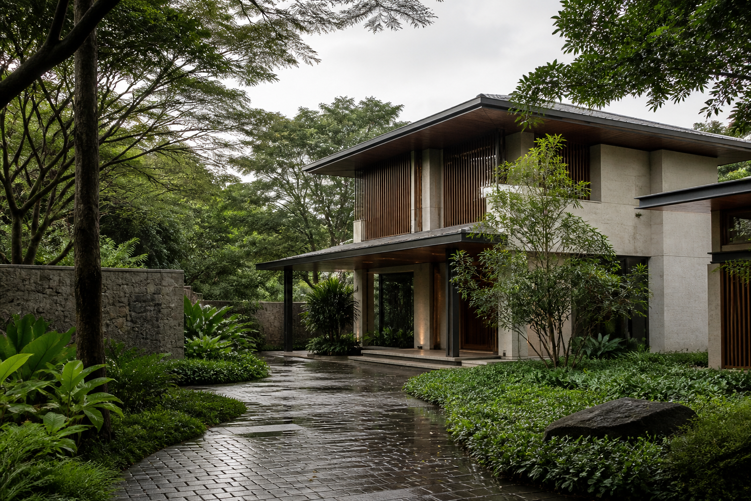 Conceptual contemporary villa arrival court set within mature planting