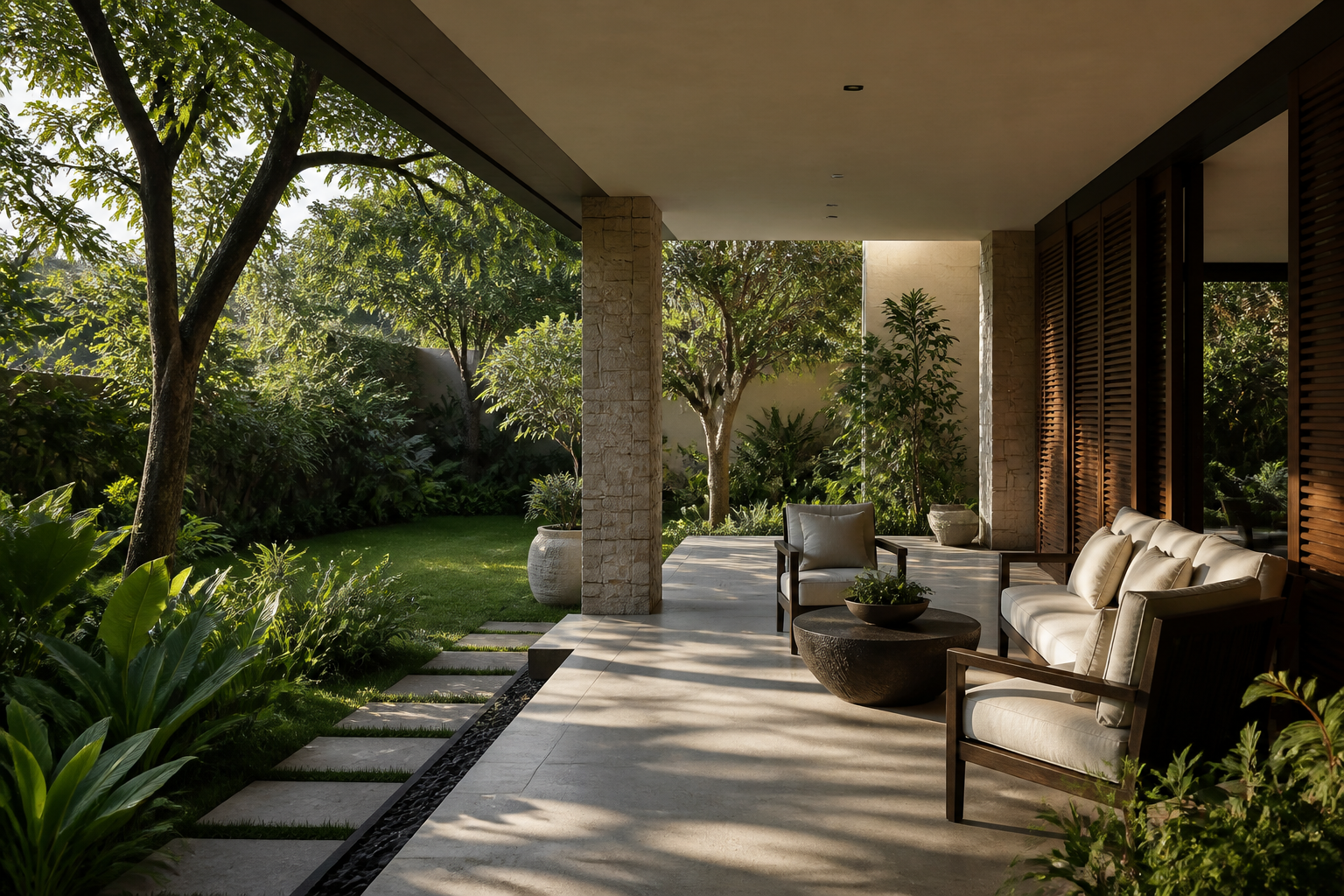 Conceptual shaded independent-villa terrace overlooking a planted garden